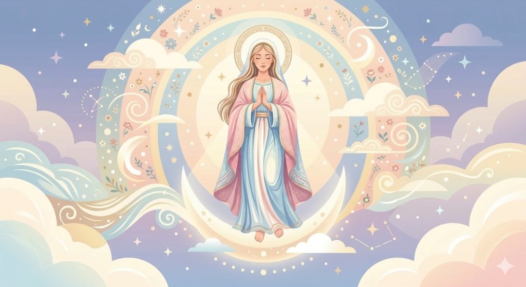 Premier Mystère : L’Immaculée Conception - Marie représentée jeune et lumineuse debout sur un croissant de lune